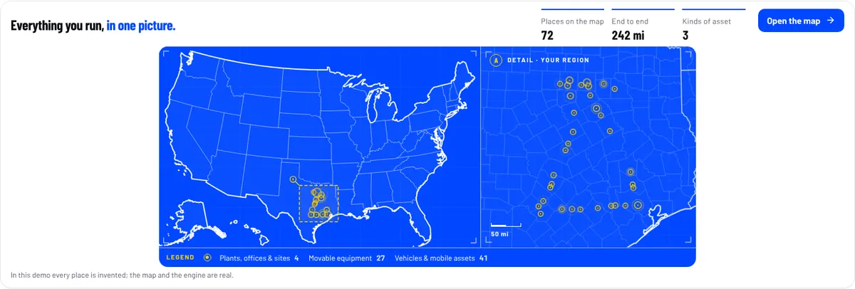 The Talos map in the Watch Tower Console: a fictional trucking company's places pinned across Texas on a map of the United States, with a close-up of the region.